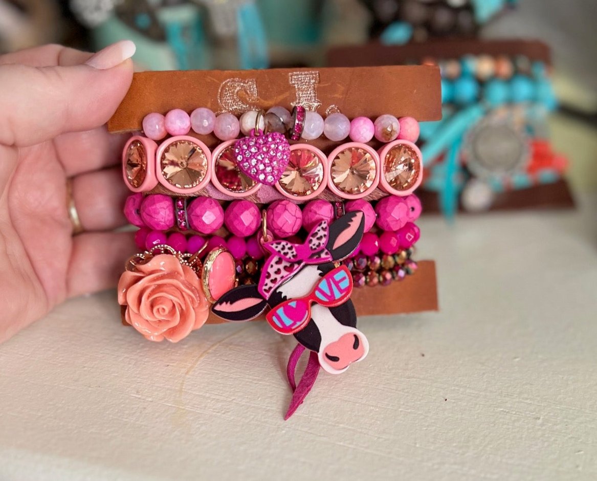 Sandra Ling - 6 Piece Pink Cow LOVE Small Stack Bracelets CedarHill Country Market