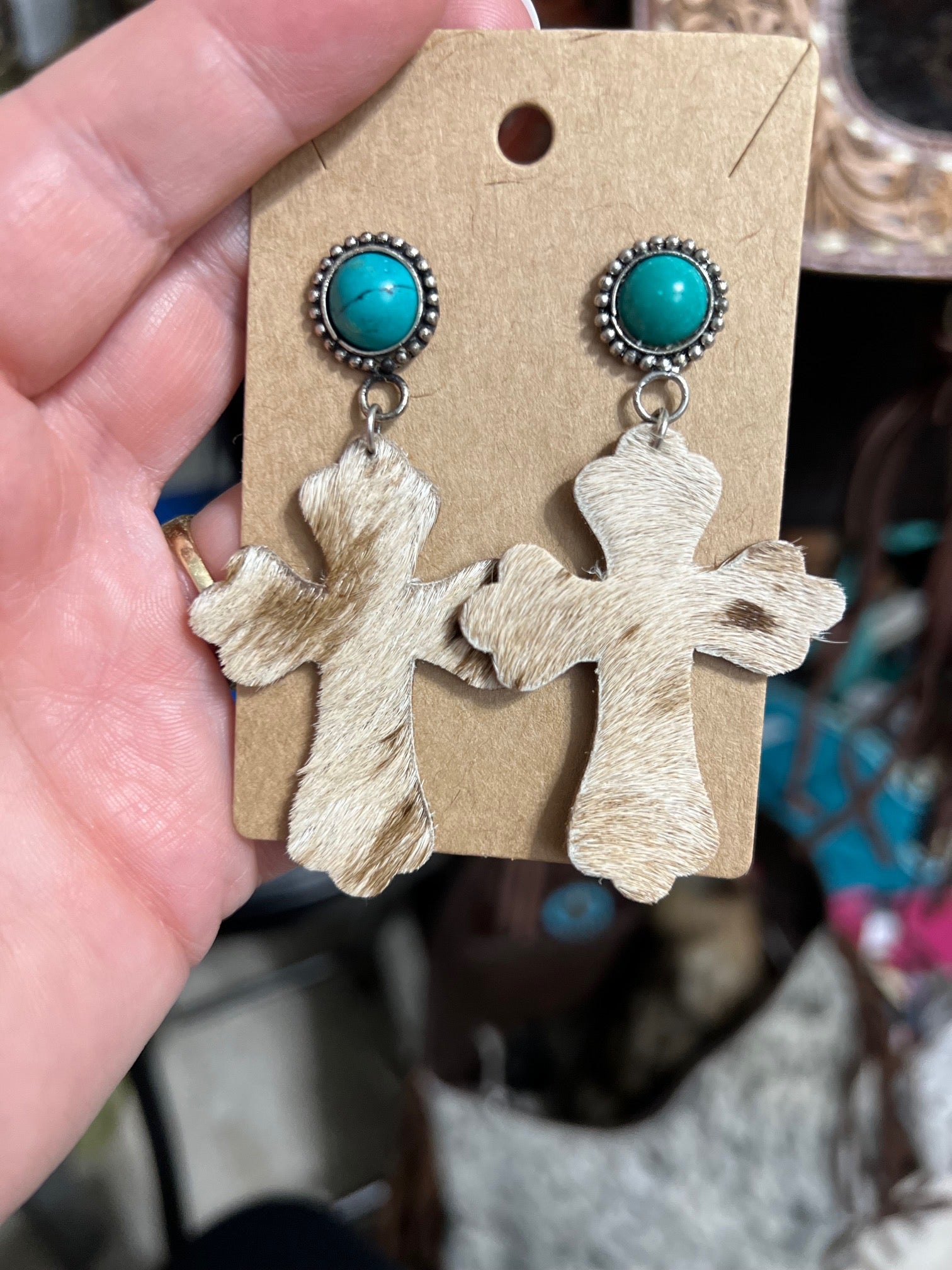 Cowhide Cross Earrings with Stud Backs Cedar Hill Country Market