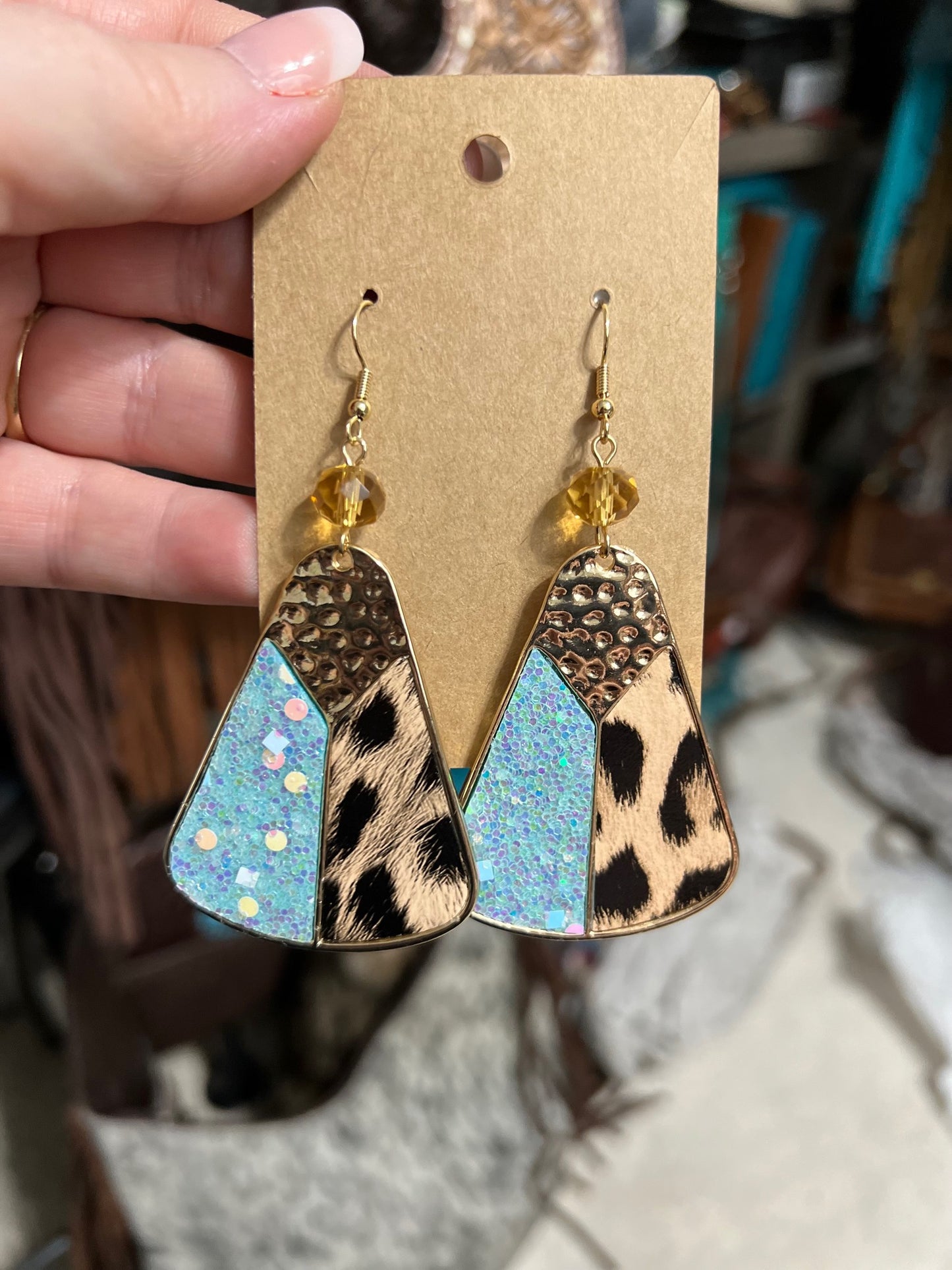 Leopard and Turquoise Dangle Earrings Cedar Hill Country Market