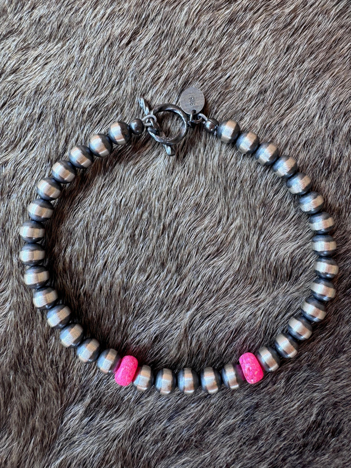 Handcrafted Hot Pink Fire Opal & Sterling Silver Pearl 5mm Beaded Bracelet 7" Nizhoni Traders LLC