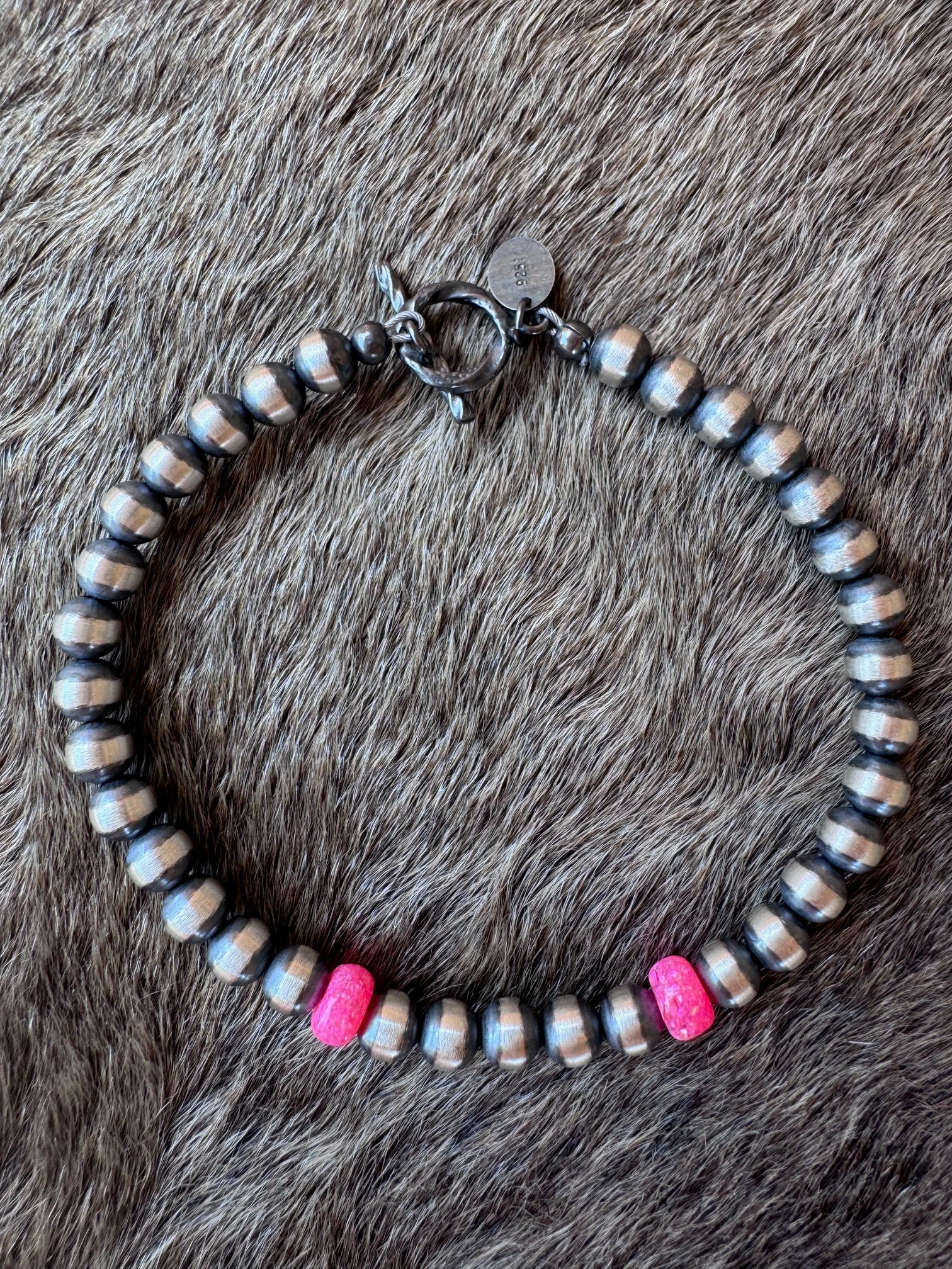Handcrafted Hot Pink Fire Opal & Sterling Silver Pearl 5mm Beaded Bracelet 7" Nizhoni Traders LLC