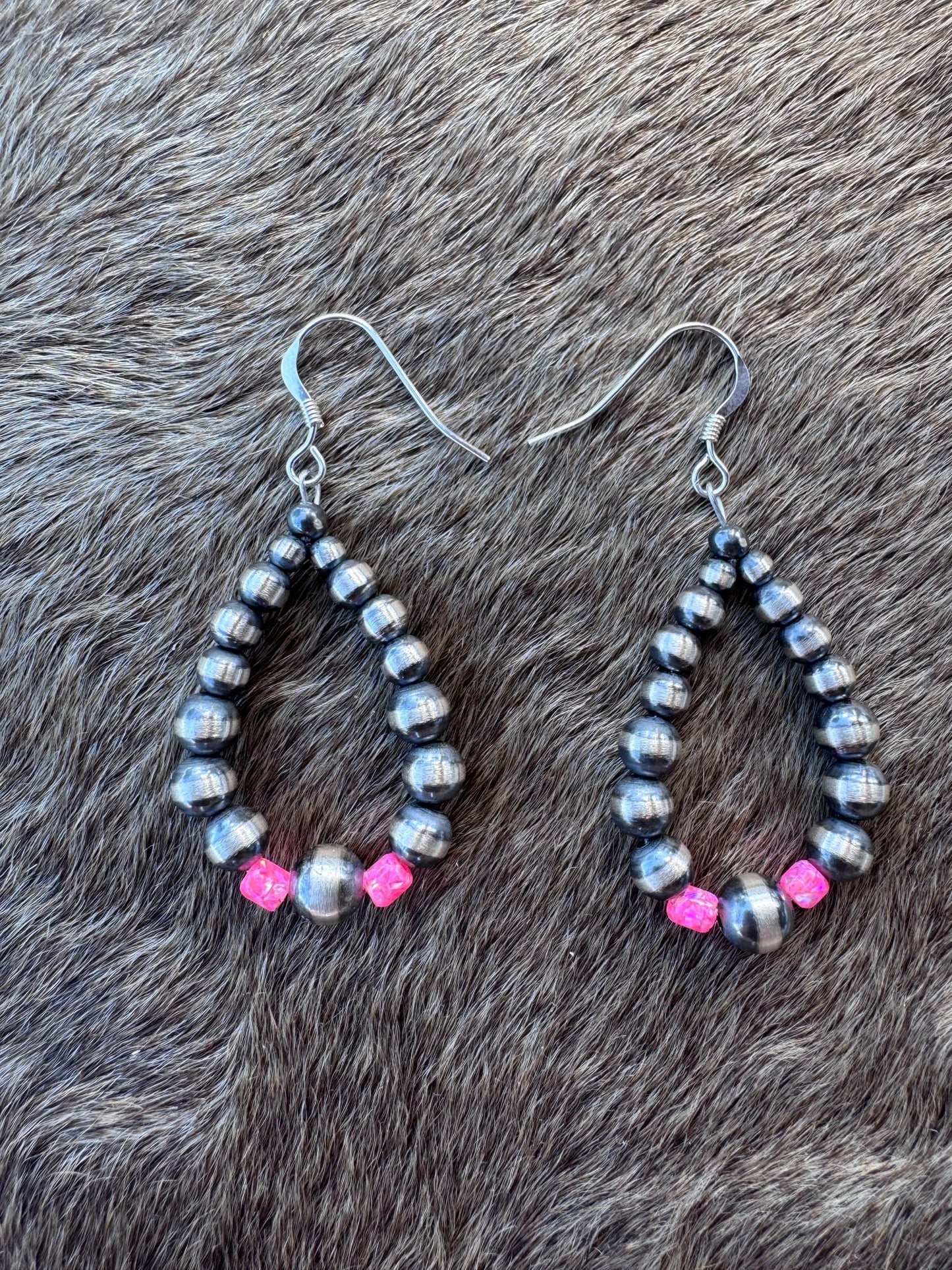 Handcrafted Hot Pink Fire Opal & Sterling Silver Pearl 3-6mm Beaded Hoop Dangle Earring Nizhoni Traders LLC