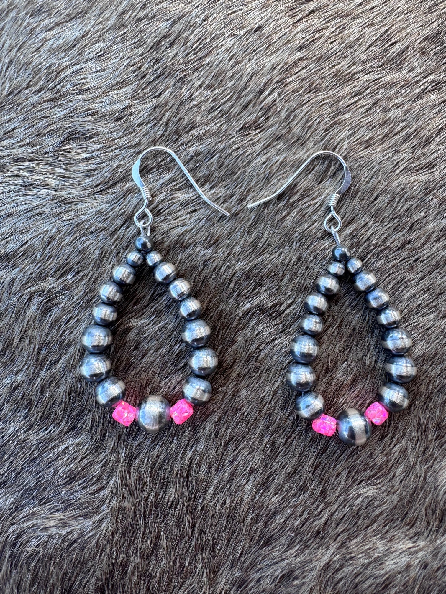 Handcrafted Hot Pink Fire Opal & Sterling Silver Pearl 3-6mm Beaded Hoop Dangle Earring Nizhoni Traders LLC