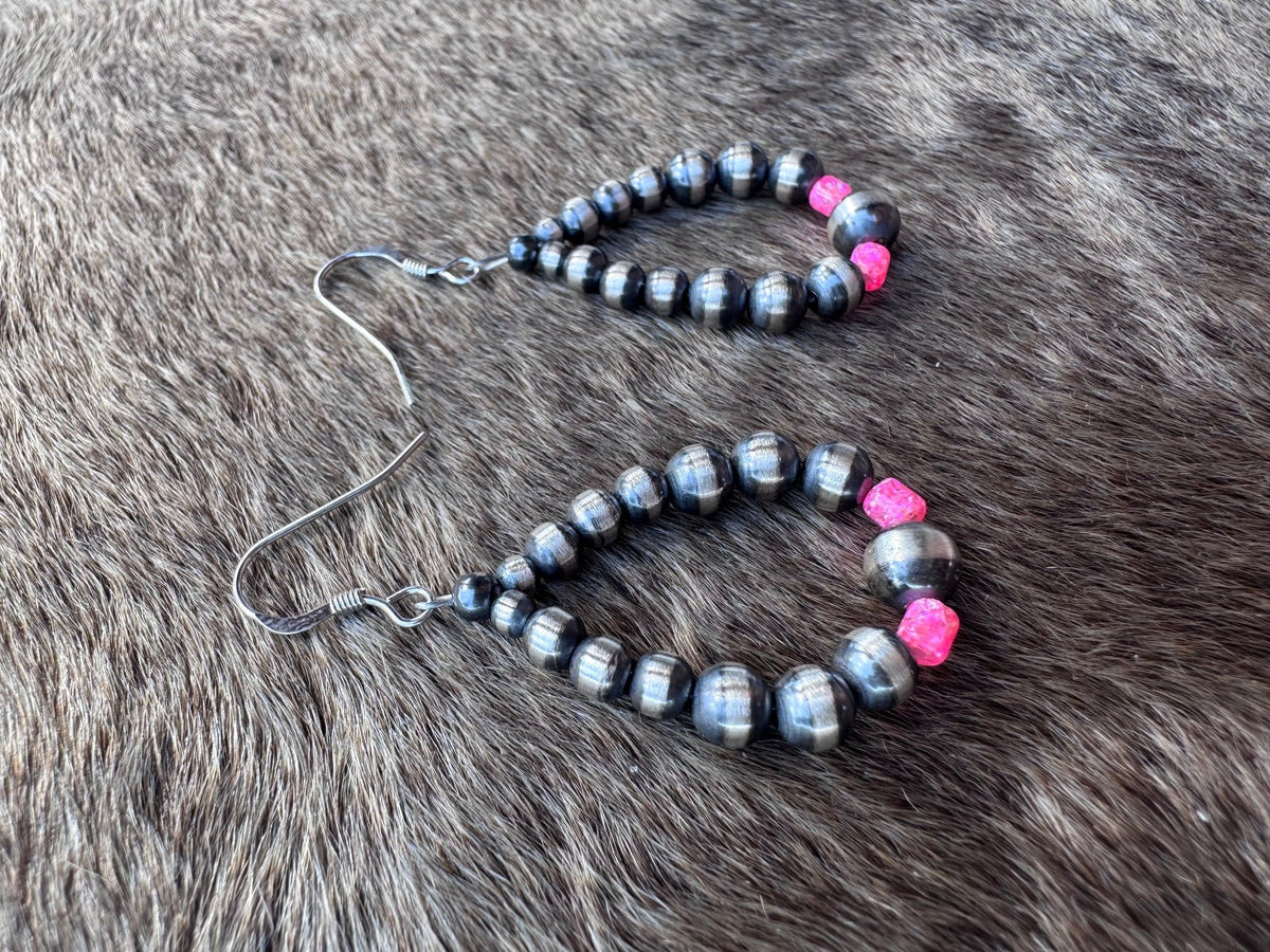 Handcrafted Hot Pink Fire Opal & Sterling Silver Pearl 3-6mm Beaded Hoop Dangle Earring Nizhoni Traders LLC