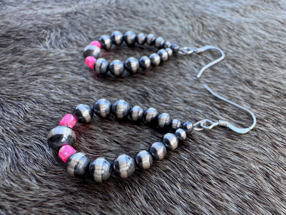 Handcrafted Hot Pink Fire Opal & Sterling Silver Pearl 3-6mm Beaded Hoop Dangle Earring Nizhoni Traders LLC