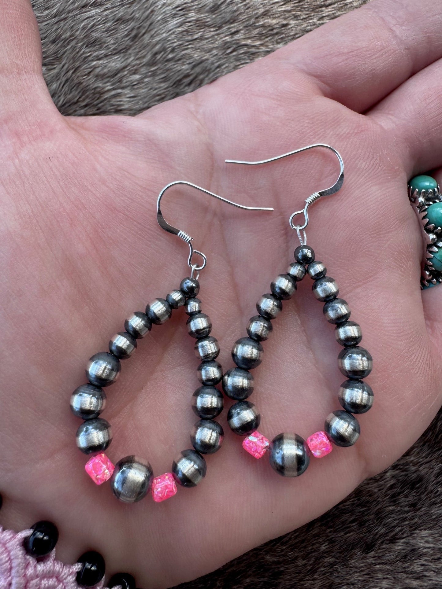 Handcrafted Hot Pink Fire Opal & Sterling Silver Pearl 3-6mm Beaded Hoop Dangle Earring Nizhoni Traders LLC