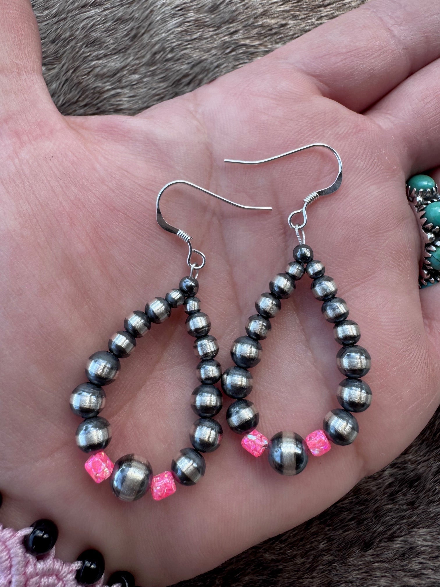 Handcrafted Hot Pink Fire Opal & Sterling Silver Pearl 3-6mm Beaded Hoop Dangle Earring Nizhoni Traders LLC