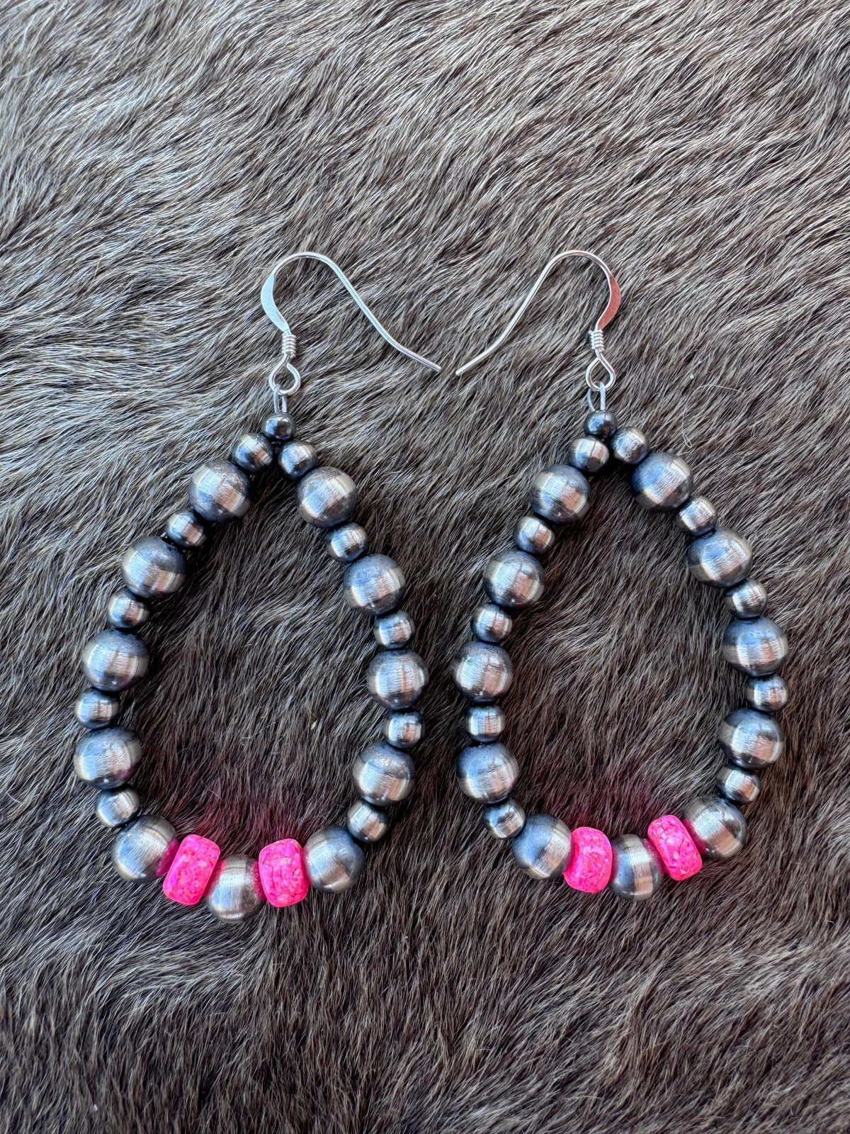 Handcrafted Hot Pink Fire Opal & Sterling Silver Pearl 4-6mm Beaded Hoop Dangle Earring Nizhoni Traders LLC