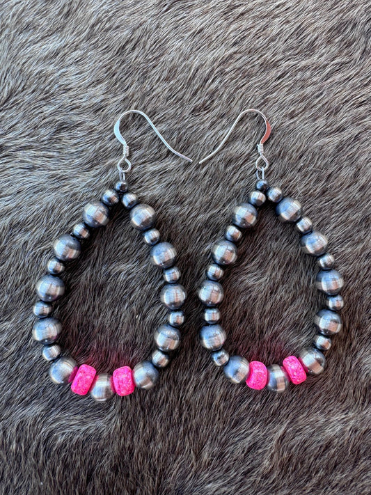 Handcrafted Hot Pink Fire Opal & Sterling Silver Pearl 4-6mm Beaded Hoop Dangle Earring Nizhoni Traders LLC