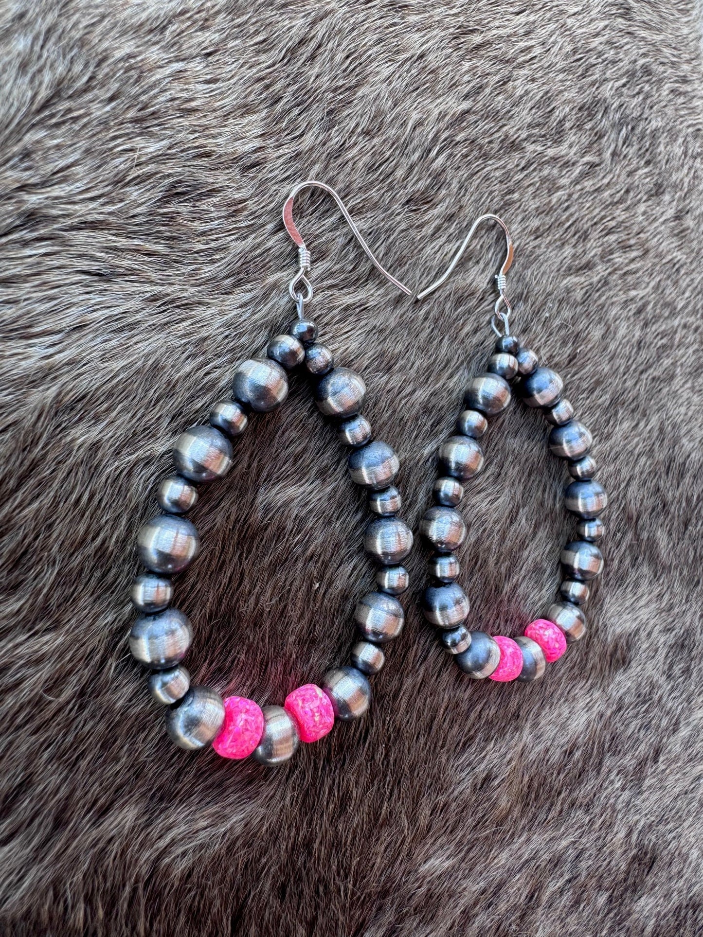 Handcrafted Hot Pink Fire Opal & Sterling Silver Pearl 4-6mm Beaded Hoop Dangle Earring Nizhoni Traders LLC