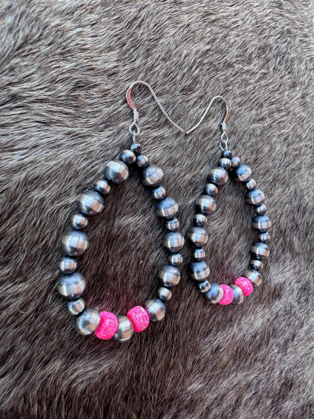 Handcrafted Hot Pink Fire Opal & Sterling Silver Pearl 4-6mm Beaded Hoop Dangle Earring Nizhoni Traders LLC