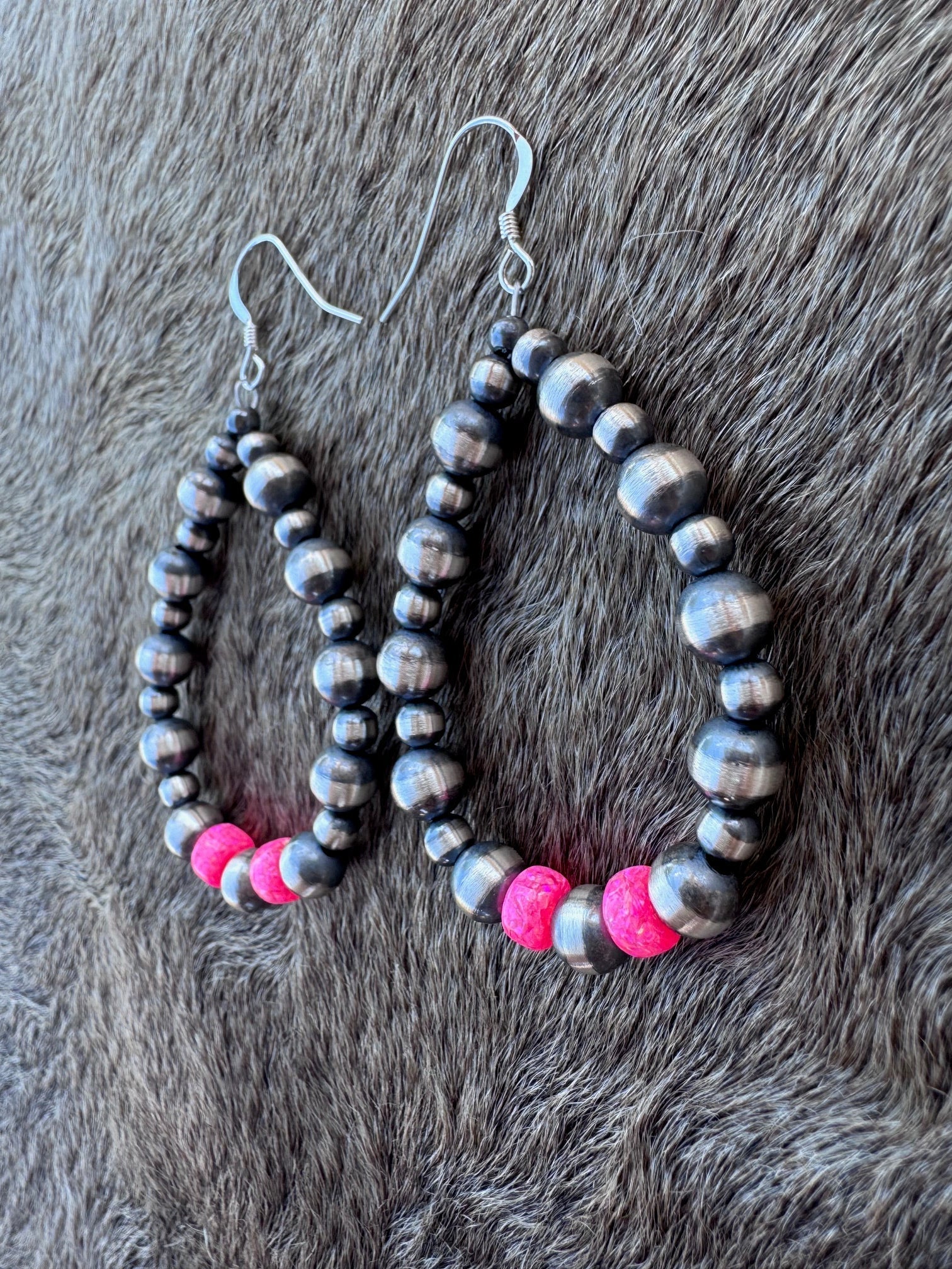 Handcrafted Hot Pink Fire Opal & Sterling Silver Pearl 4-6mm Beaded Hoop Dangle Earring Nizhoni Traders LLC