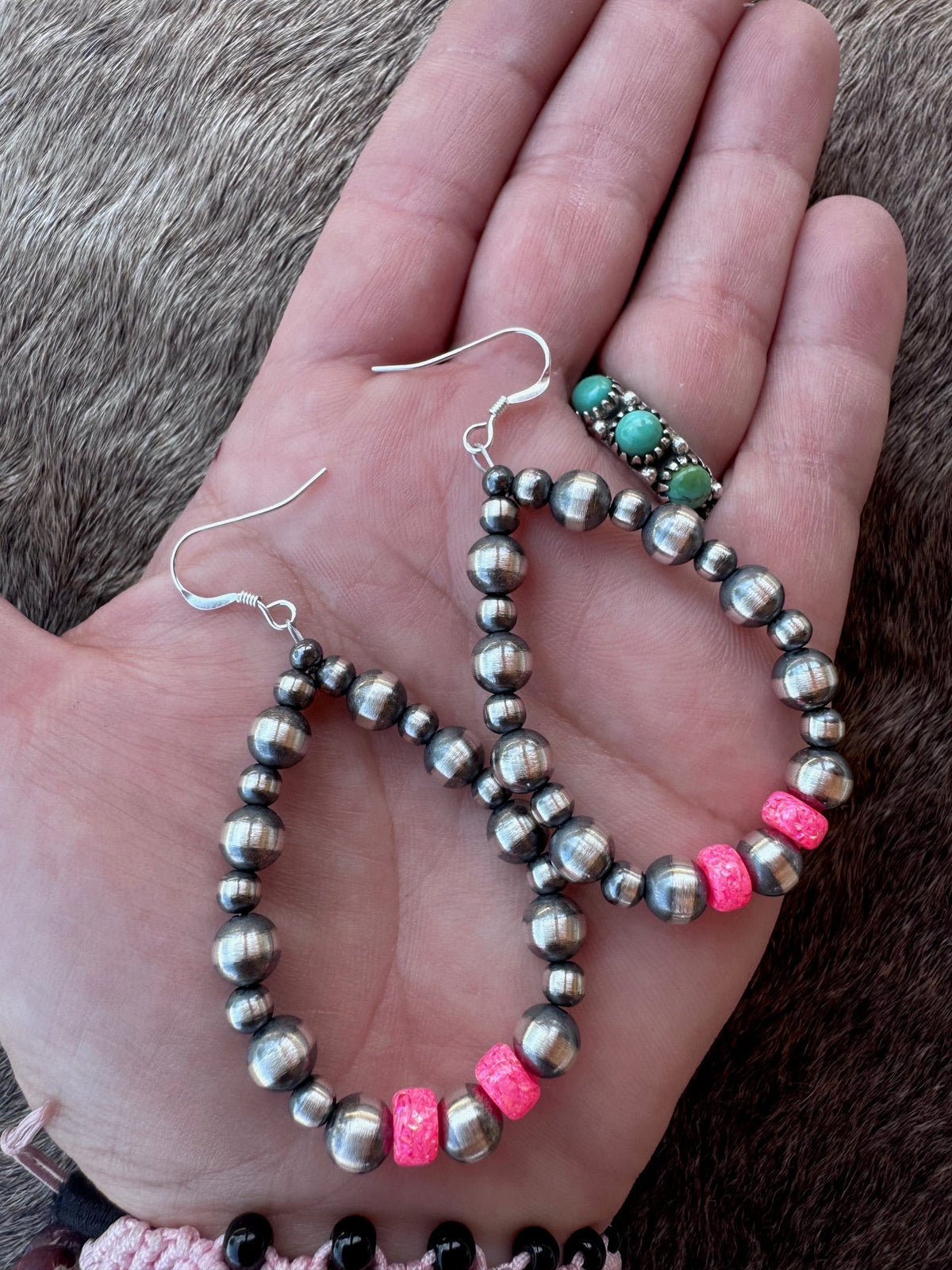 Handcrafted Hot Pink Fire Opal & Sterling Silver Pearl 4-6mm Beaded Hoop Dangle Earring Nizhoni Traders LLC