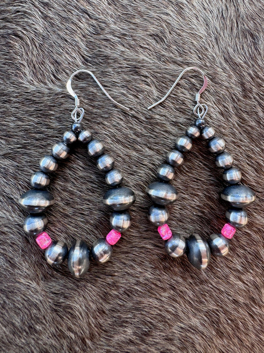 Handcrafted Hot Pink Fire Opal & Sterling Silver Pearl 4-8mm Mixed Beaded Hoop Dangle Earring Nizhoni Traders LLC