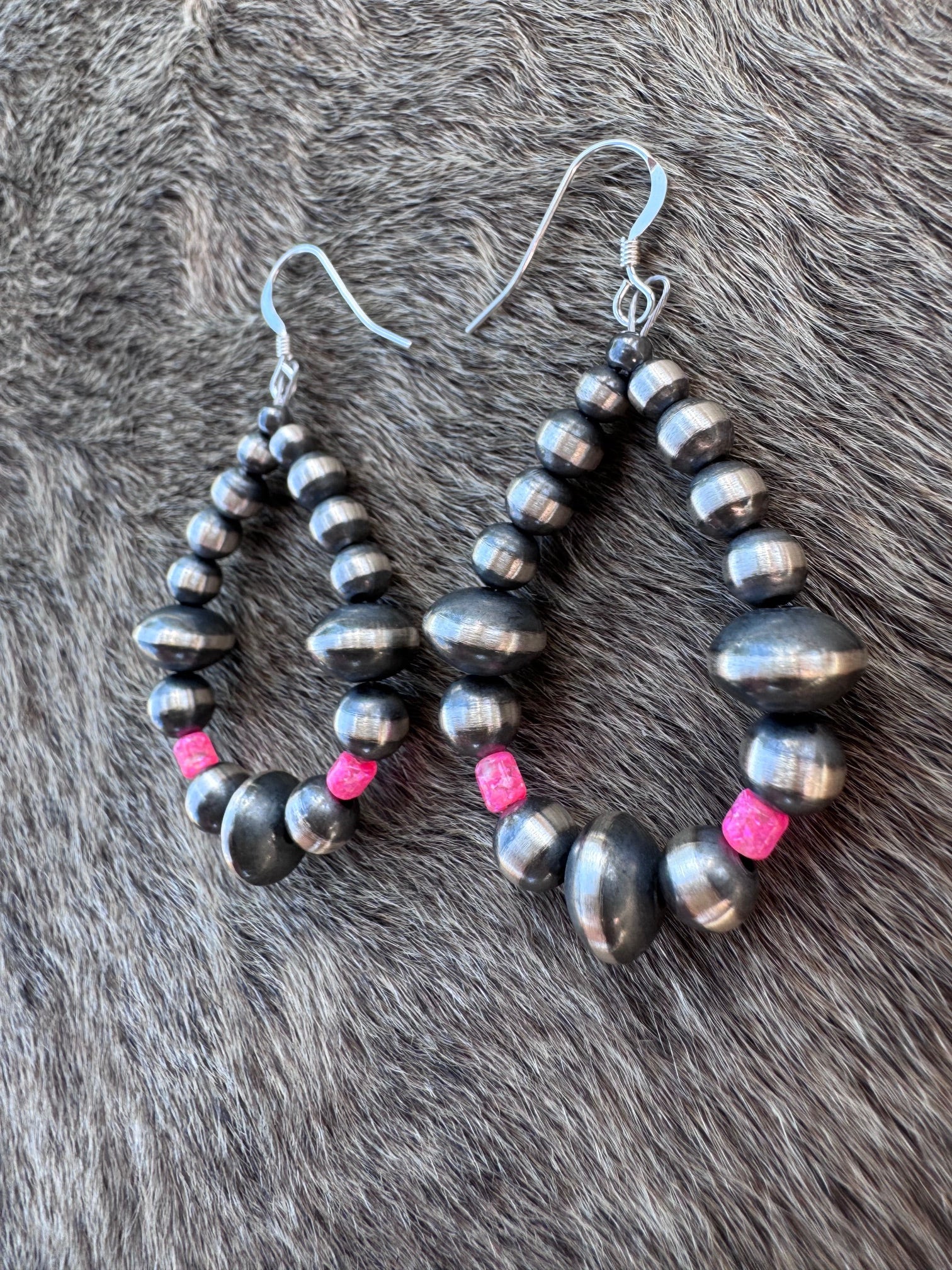 Handcrafted Hot Pink Fire Opal & Sterling Silver Pearl 4-8mm Mixed Beaded Hoop Dangle Earring Nizhoni Traders LLC