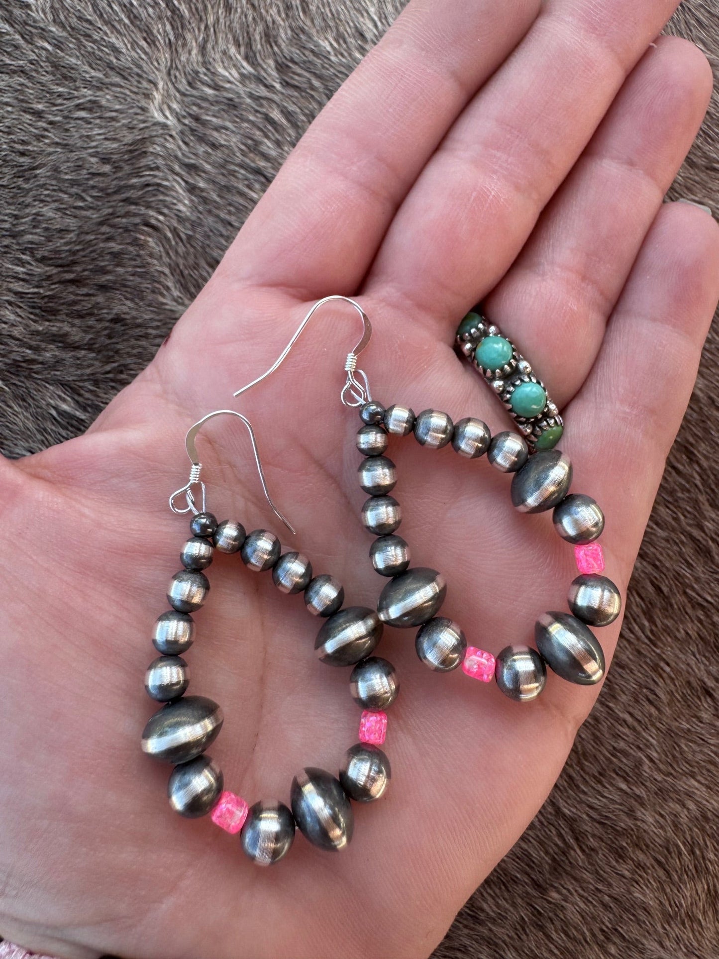 Handcrafted Hot Pink Fire Opal & Sterling Silver Pearl 4-8mm Mixed Beaded Hoop Dangle Earring Nizhoni Traders LLC