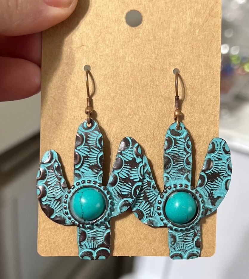 Metal Copper & Turquoise Cactus Earrings on Hooks Cedar Hill Country Market