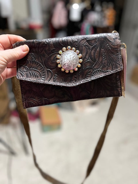 Keep it Gypsy - Turquoise Scroll Buffalo Coin with Gems Trifold Genuine Leather Wristlet Handbag Cedar Hill Country Market