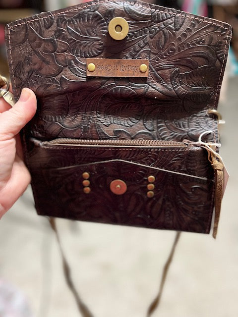 Keep it Gypsy - Turquoise Scroll Buffalo Coin with Gems Trifold Genuine Leather Wristlet Handbag Cedar Hill Country Market