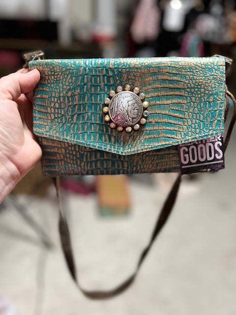 Keep it Gypsy - Turquoise Croc Indian Head Coin with Gems Trifold Genuine Leather Wristlet Handbag Cedar Hill Country Market