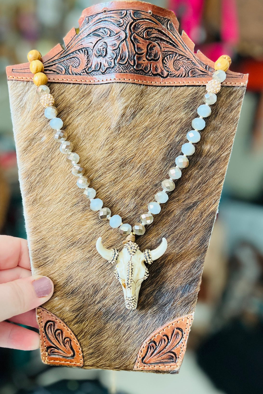 Teek Glitz and Bone Carved Bullhead Necklace 20 inch Cedar Hill Country Market