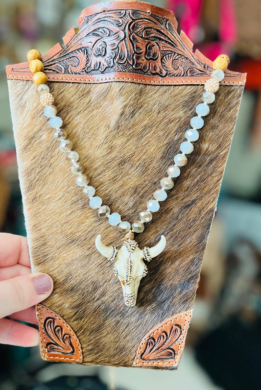 Teek Glitz and Bone Carved Bullhead Necklace 20 inch Cedar Hill Country Market