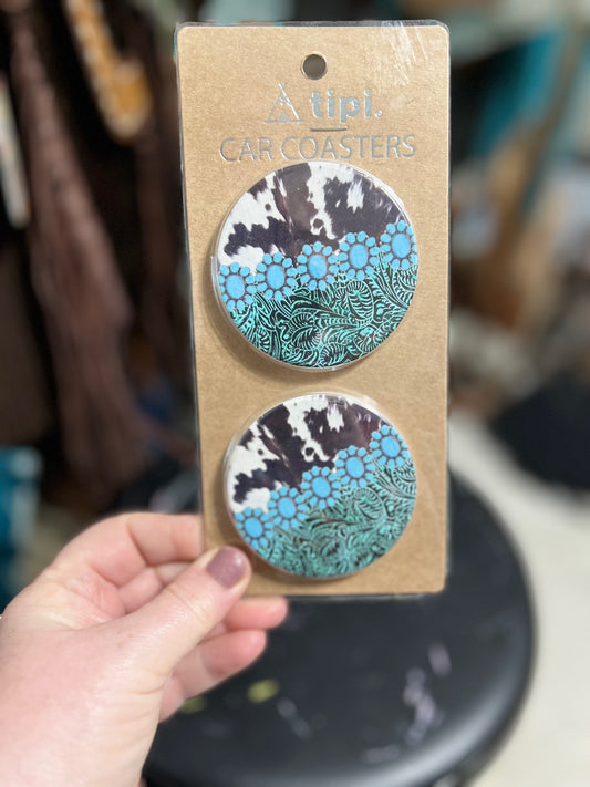 Western Concho Turquoise and Cowhide, Absorbent Car Coasters Cedar Hill Country Market