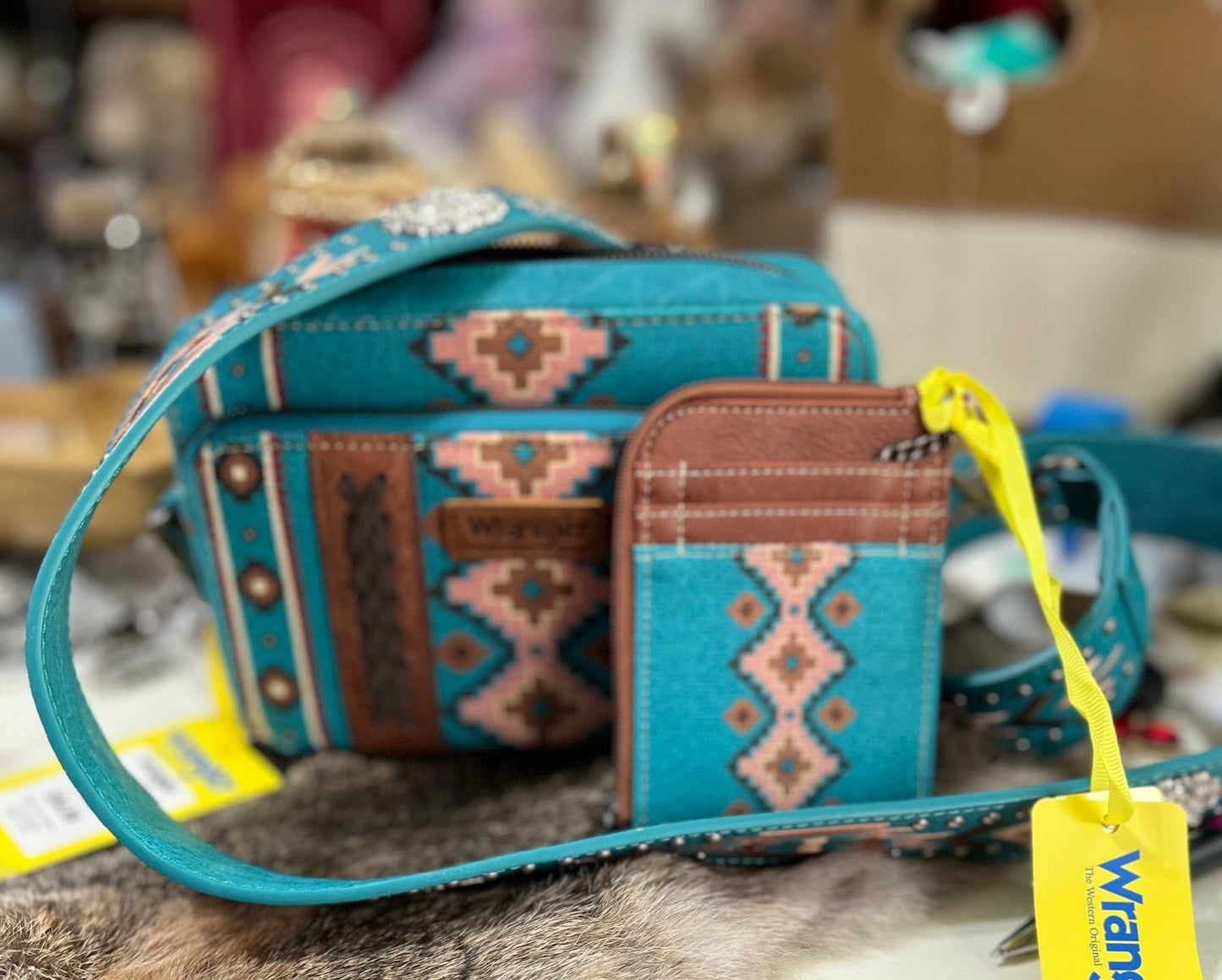 Wrangler Aztec Printed Crossbody Handbag With Wallet Compartment - Turquoise Cedar Hill Country Market