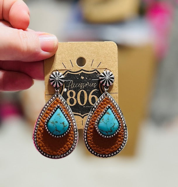 Leather and Turquoise Teardrop Stud back Earrings by 806 Cedar Hill Country Market