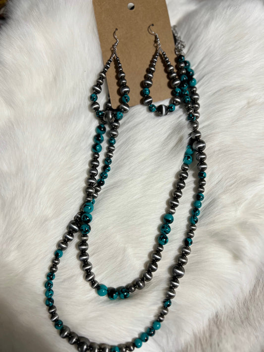 Teal and Black Navajo Necklace Set - Double Drape and Hoop Earrings Cedar Hill Country Market