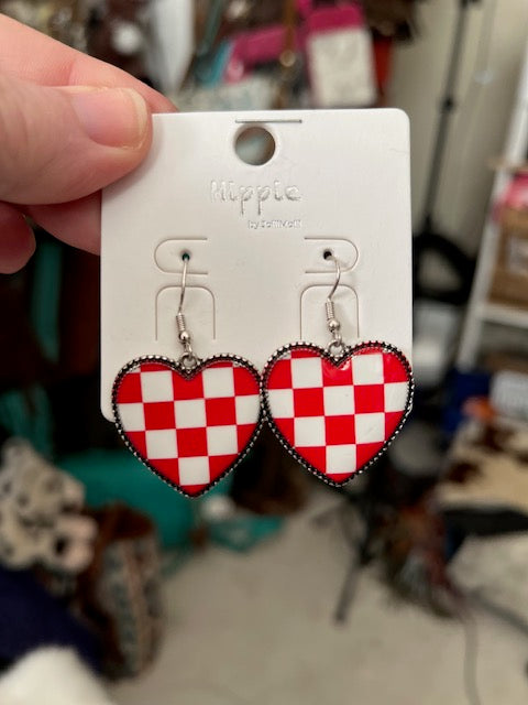 Red and White Checkered Heart Dangle Earrings on Hooks Cedar Hill Country Market