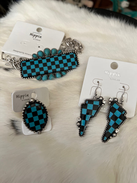 Turquoise and Black Western Checkered Necklace Set with Cuff Ring Cedar Hill Country Market