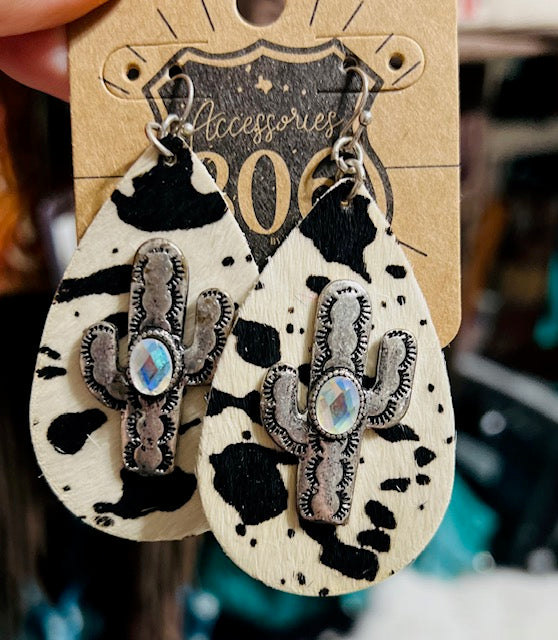 Cowhide & Cactus Earrings by 806 Cedar Hill Country Market