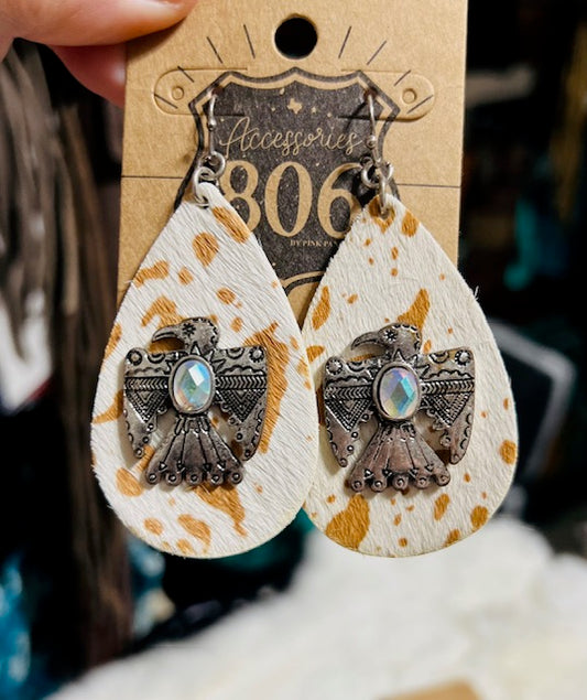 Cowhide and Thunderbird AB Earrings on Hooks Cedar Hill Country Market