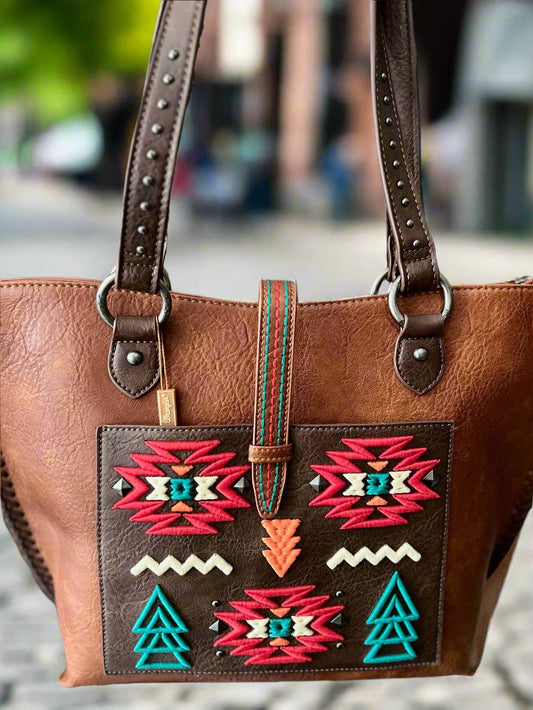 Aztec Embroidery Shoulder Handbag - Brown with studded handles Cedar Hill Country Market