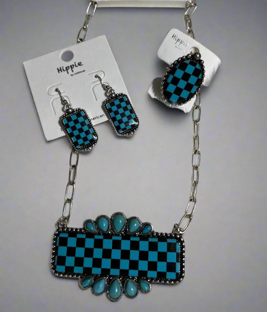 Black and Turquoise Checkered Necklace Set with Ring Cedar Hill Country Market