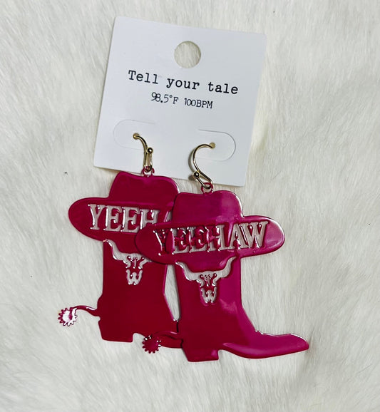 Hot Pink Metal Yee Haw Cowgirl Boots and Spur Earrings Cedar Hill Country Market