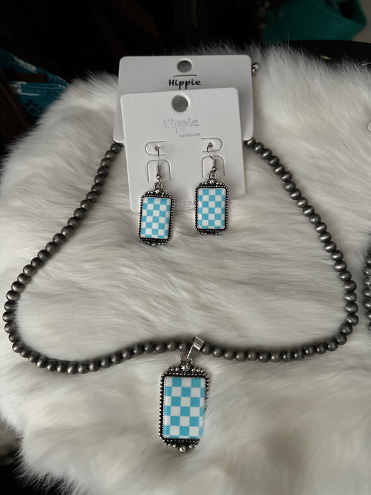 Light Blue Checkered Square on Navajo Pearl Necklace Cedar Hill Country Market