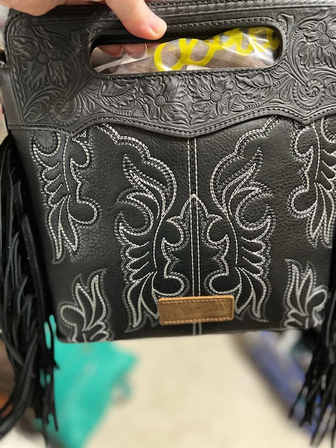 Wrangler Top Handle Embroidered Fringe Tote/Crossbody - Black Cedar Hill Country Market