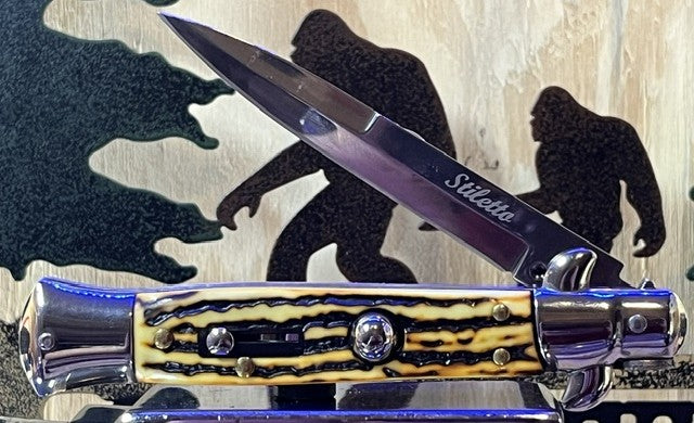 1001 - Godfather Heritage Quick Deploy Stiletto w/Stag Handles Cedar Hill Country Market