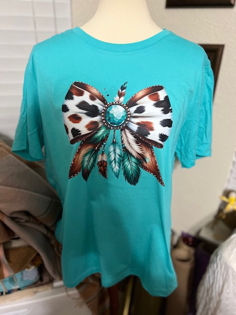 Turquoise and Concho Cow print Feather Bow Short Sleeve T-shirt Cedar Hill Country Market