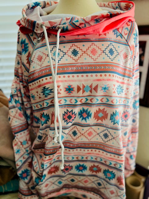 Aztec Pastel Duo Hoodie with side Zipper and Pockets Cedar Hill Country Market