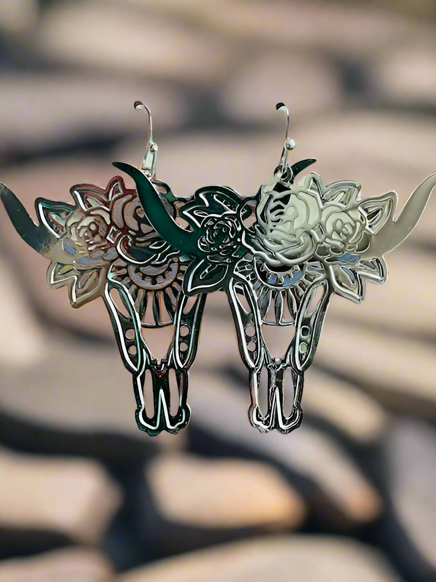 Metal Bull Earrings - Silver Cedar Hill Country Market