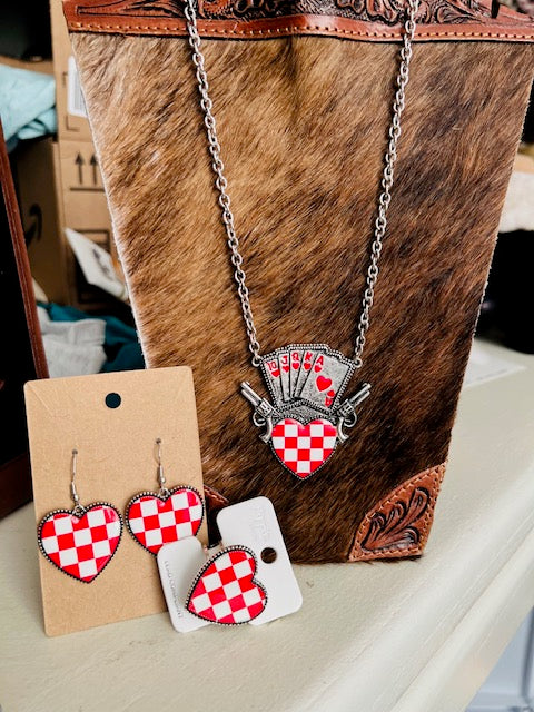 Red Heart Checkered Necklace Set with Ring Cedar Hill Country Market