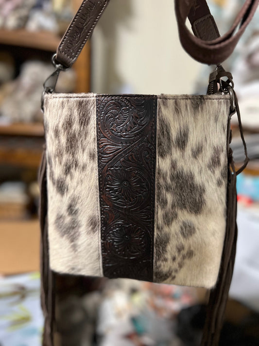 Trinity Ranch Hair-On Cowhide/Tooled Fringe Concealed Carry Crossbody Bag Cedar Hill Country Market