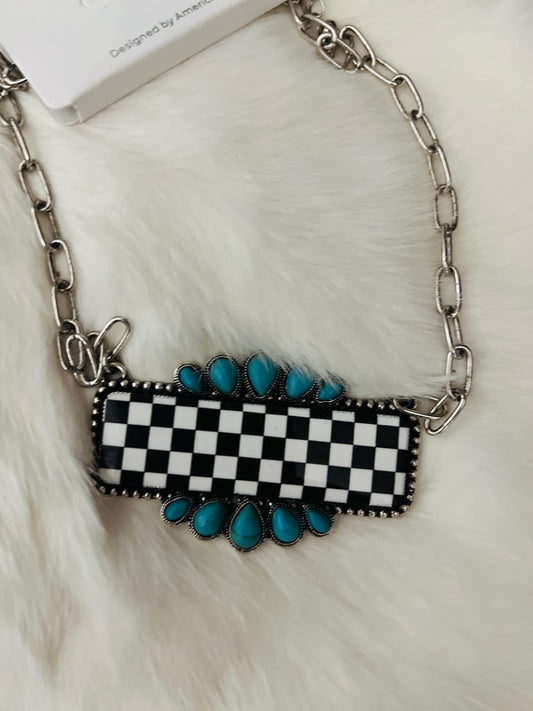 Black and White Checkered Bar with Turquoise Accent on Paperclip Chain Necklace Cedar Hill Country Market