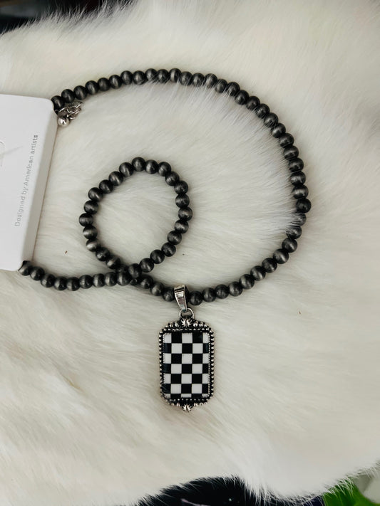 Black and White Checkered Square on Navajo Faux Pearl Necklace Cedar Hill Country Market