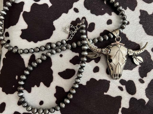 Bull Head Tibetan Silver Pendant with Feather Charms on Navajo Pearl Necklace Cedar Hill Country Market