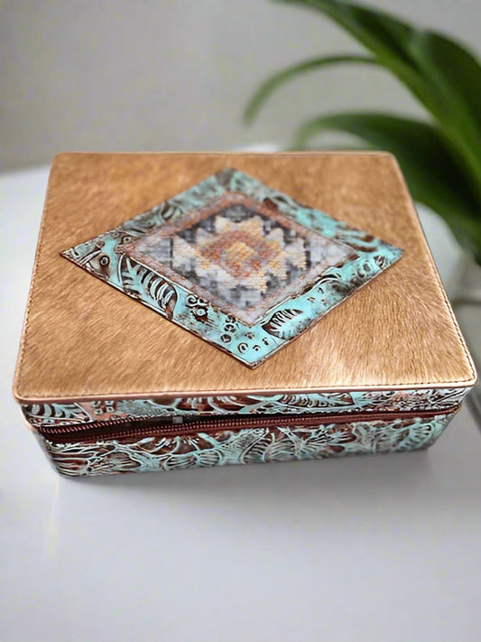 Hair on Hide Tooled Turquoise and Aztec Jewelry Case Cedar Hill Country Market