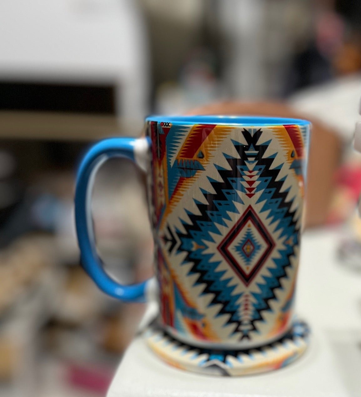 Aztec 15 oz Turquoise Coffee Mug with Ceramic Coaster Cedar Hill Country Market